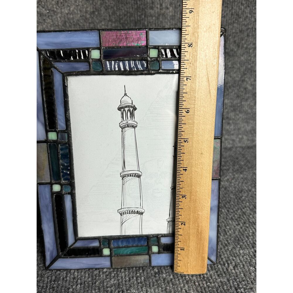Vintage stained glass picture frame 4x6 Dale Tiffany blue iridescent coastal - Picture 9 of 10